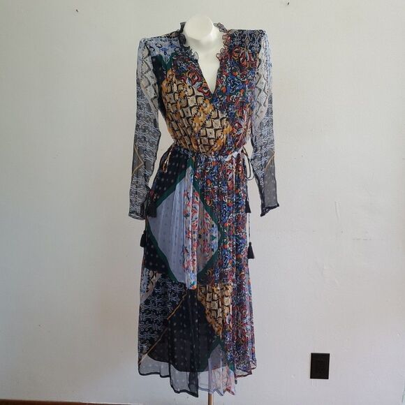 Johnny Was Jade Mei Long Sleeve Silk Midi Dress Patchwork Print Split Neck Boho